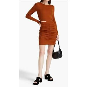 Walter Baker Bodycon Mini Dress Sz L Rust Ribbed Knit Ruched Cut-out Long Sleeve